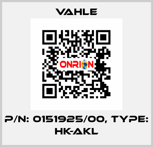 P/n: 0151925/00, Type: HK-AKL Vahle