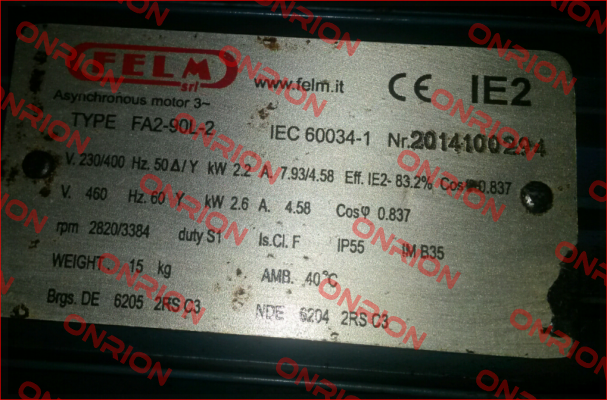 2014100294 - obsolete, replaced by - 2,2 kW, 2P, 230/400V/50Hz, IP55/IC411, F/B, IM B35, AL, IE2   Felm