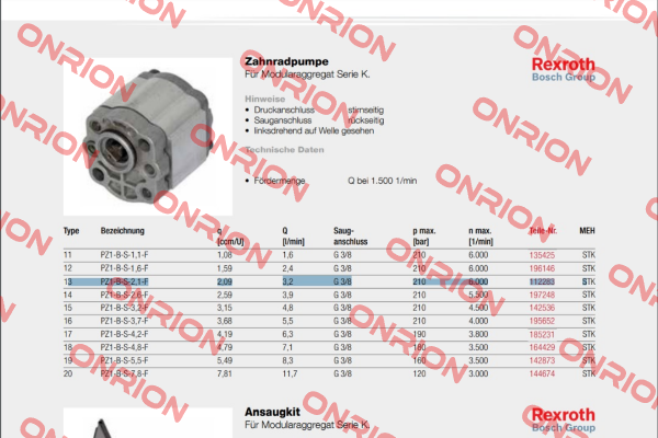 PZ1-B-S-2,1-F obsolete,alternative BR1 (2,00 ccm/U) Rexroth