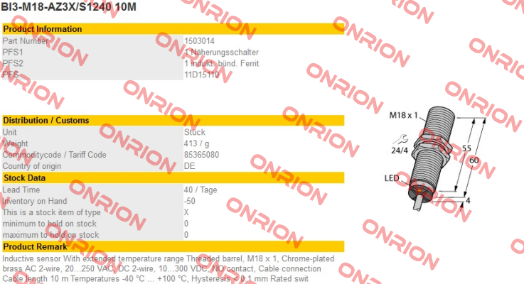 BI3-M18-AZ3X/S1240 10M Turck