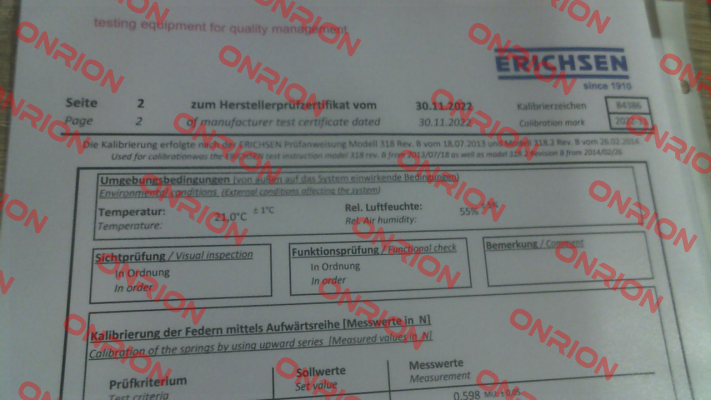 Calibration certificate for 00200131 Erichsen